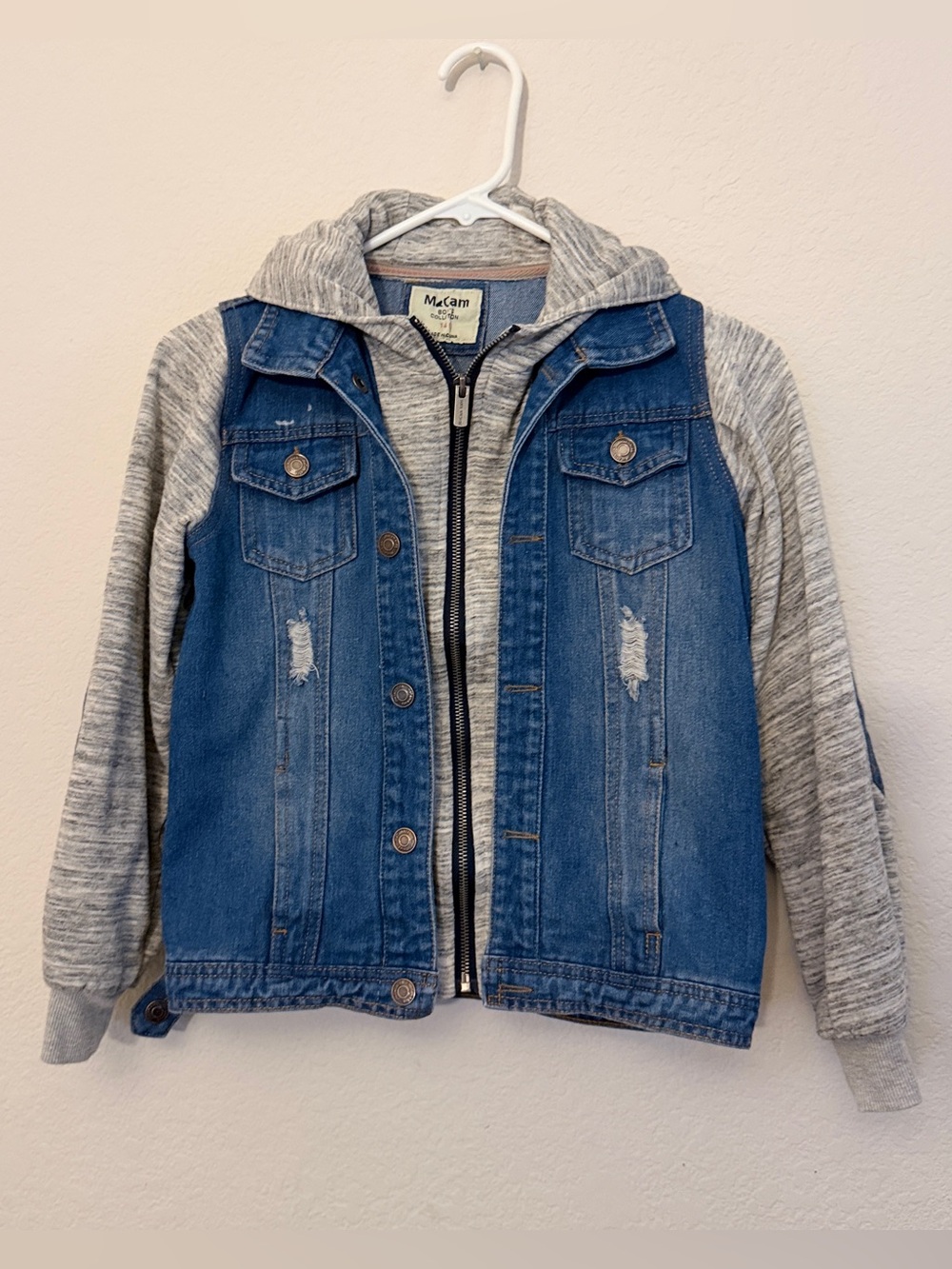 McGinn Blue Denim Jacket with Gray Hoodie Sleeves